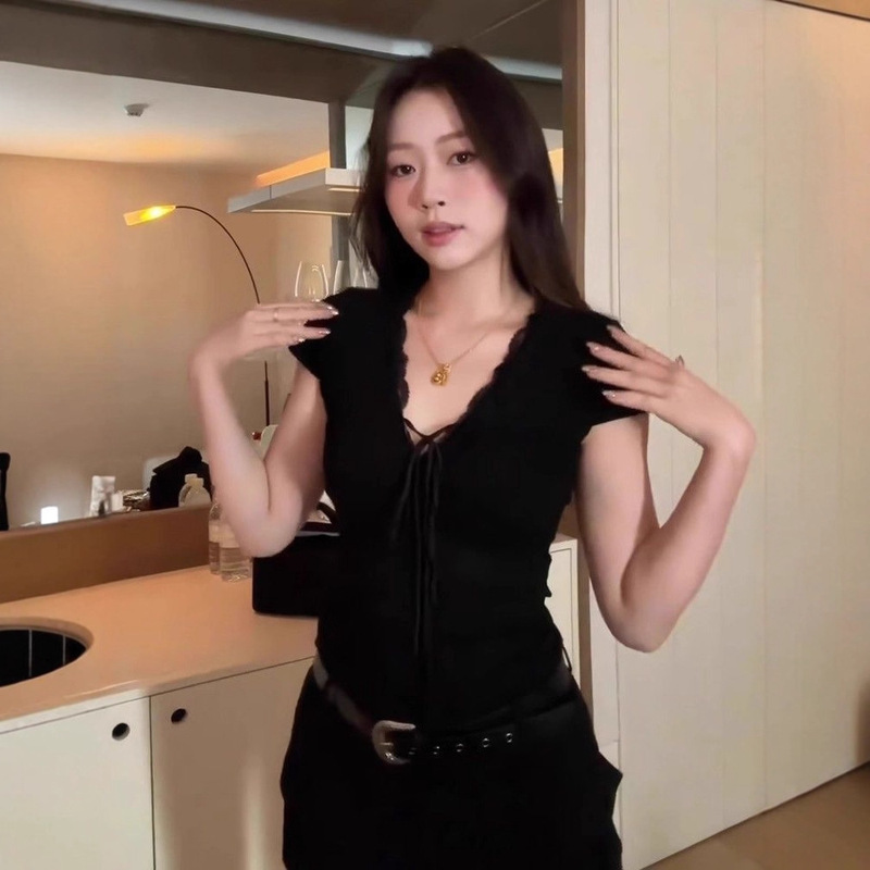 [210g 40 Count Pure Cotton] Lace-Up Lace Short-Sleeved Women's Summer Slimming Look Hot Girl Pure Cotton Top