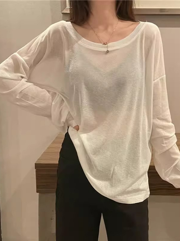 アイスシルクマスク長袖Tシャツレディース夏ミドル丈ゆったり薄手ホリデー日焼け止めブラウス大きいネックライントップ|undefined