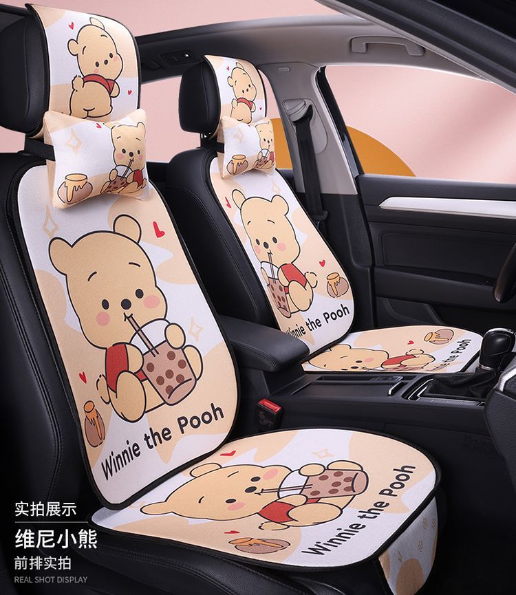 L5U new cartoon car seat cushion breathable four seasons universal linen cool cushion heat insulation whole car rear seat cushion three pieces