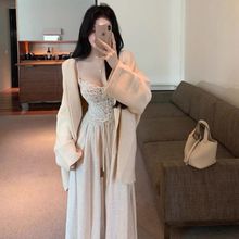 纯欲风套装女宽松慵懒毛衣披肩外套女蕾丝内搭小吊带阔腿裤三件套