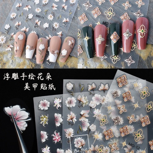 Buchelati Nail Stickers 5D Embossed Stickers Retro Magnolia and lotus Flower Nail Decor Embossed Stickers