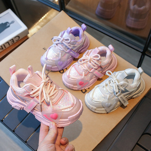 Children's Shoes Sports Shoes Autumn Middle-Size Kids Sparkling Heart Dad Shoes Korean Version Girl Casual Shoes
