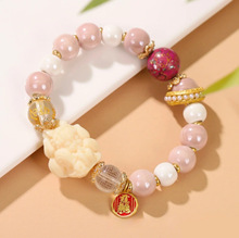 粉色灰瓷金箔单圈手串搭配涂山九尾狐招桃花跑环普陀山爆款女手链