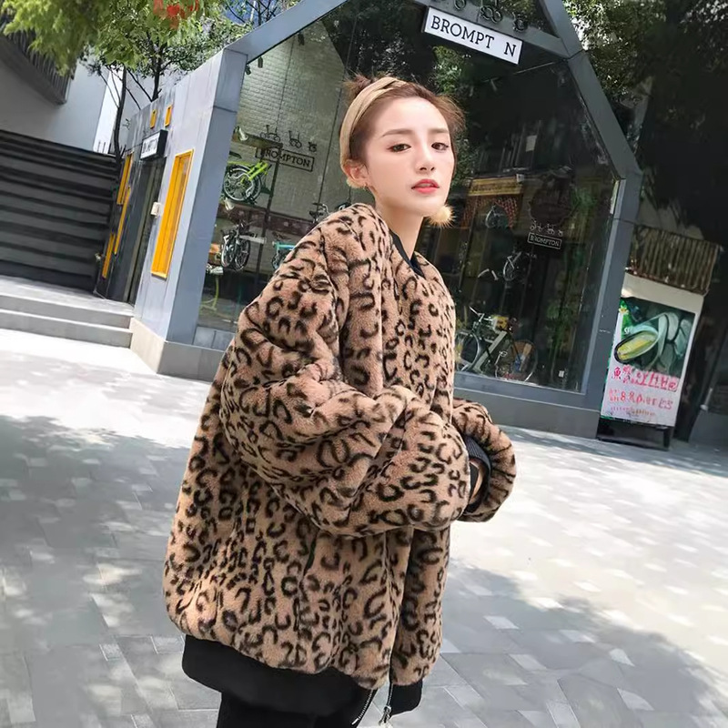 Autumn and Winter Leopard Print Jacket Rabbit Fur Coat Fashion Baseball Suit Thread Women's Mid-length Zipper Fur Clothes