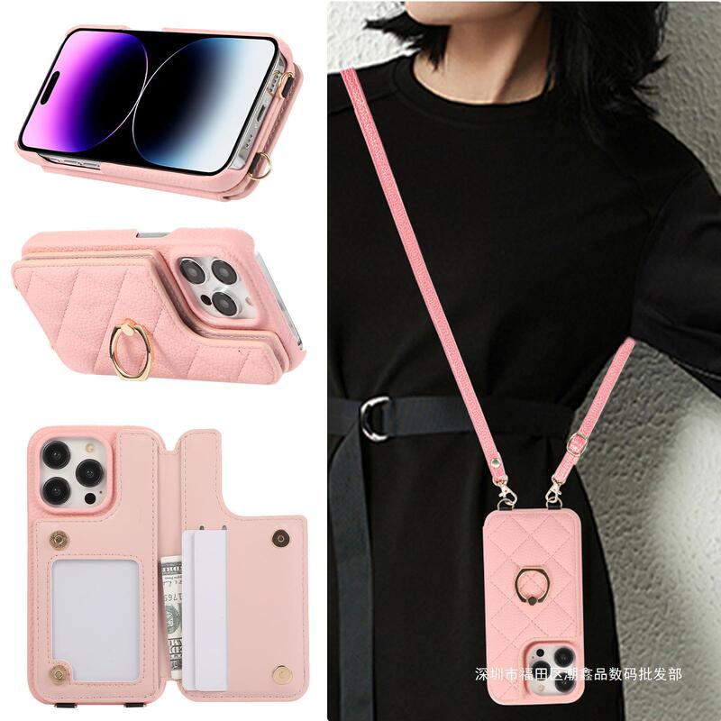 iPhone15 Chanel Style Diamond Style Luxury Apple 11 Caviar 14 Mobile Phone Case Leather Crossbody Card Lanyard 12