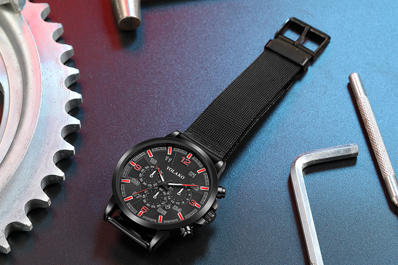 Nouvelle montre numérique tendance pour homme avec calendrier à trois yeux et aiguille bleue, montre pour homme en maille d'acier inoxydable_voghion.com