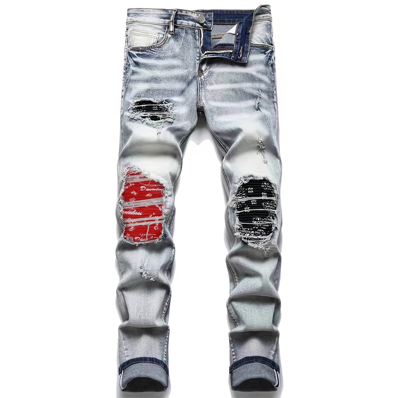 Cross-Border High-End Trendy Casual Patchwork Slim-Fit Skinny Jeans with Distressed Wash and Embroidery for Men