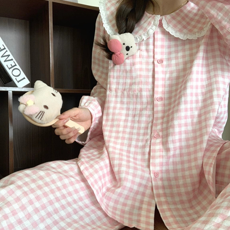 Spring and Autumn New Cloud Cotton Pajamas for Women, Sweet Pink Plaid Doll Collar Long-Sleeved Casual Home Wear Set