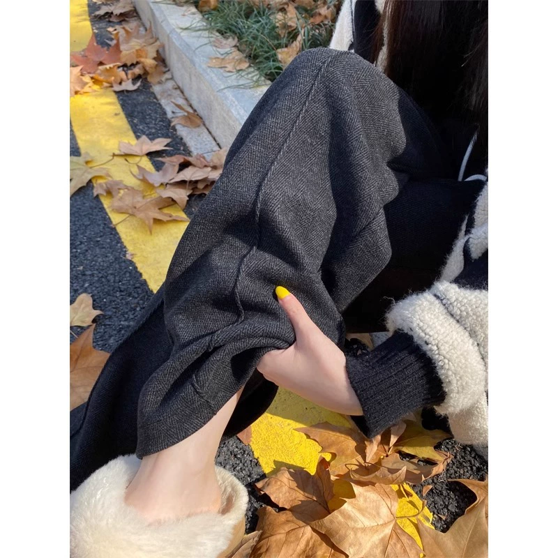 Серые шерстяные прямые брюки женский 2024 осень-зима высокая талия узкая версия широкие брюки повседневная елка толстые брюки