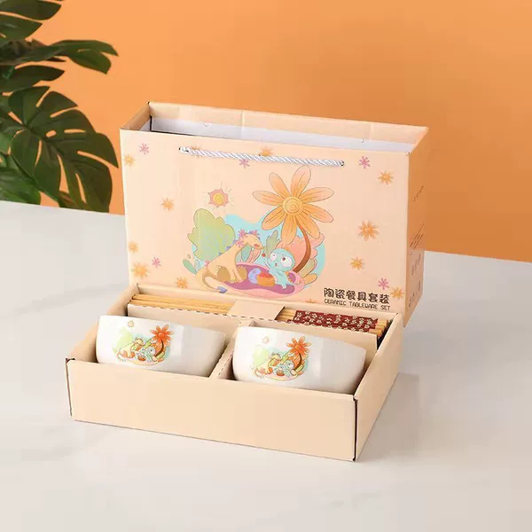 Cute dinosaur 2 bowls 2 chopsticks