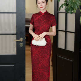 老上海长款红色旗袍2024年夏季新款女中国风复古短袖显瘦气质优雅