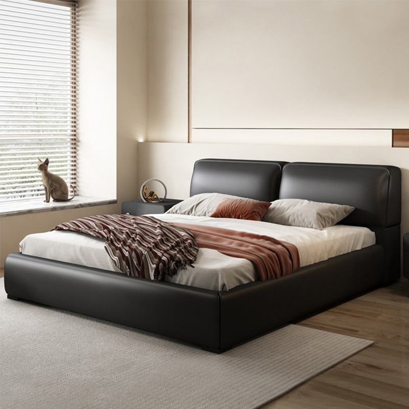 Simple Summer Design Tofu-Block Bed, Large Black Cow Bed, Minimalist Italian-Style Genuine Leather Bed, Black Modern Simple Soft-Fabric Double Bed