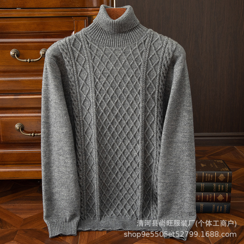 Cross-Border High Lapel Autumn and Winter Men's Thickened Cable Wool Knitwear Top Loose Business Casual Solid Color Knitwear
