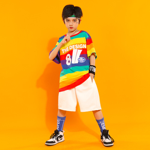 Girls boys rapper rainbow hiphop jazz street dance costumes for children cheerleading dance uniforms for children loose boy hip-hop dance sport suit