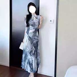 2024新款新中式改良旗袍气质显瘦性感高开叉连衣裙女装夏秋长裙子
