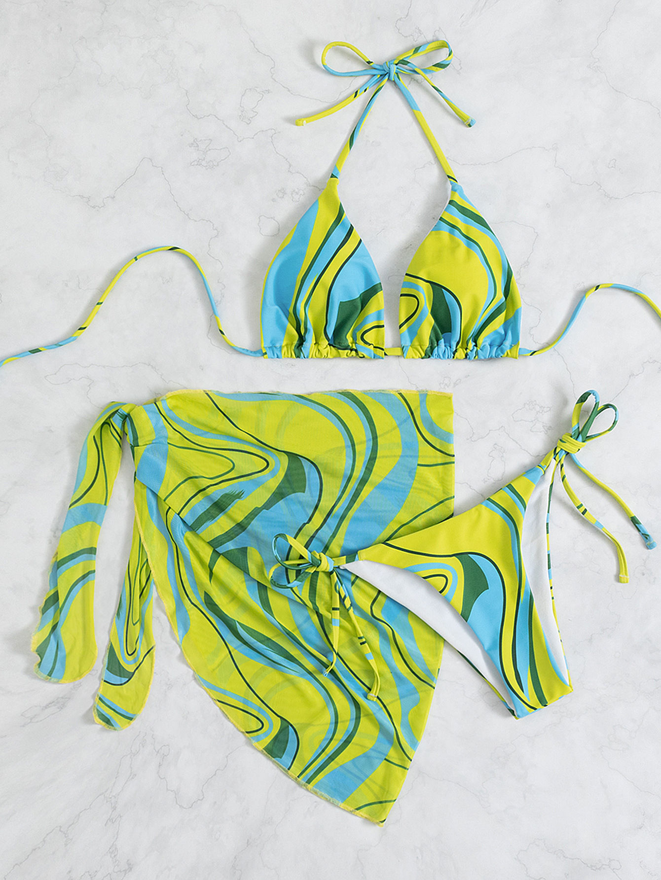 bikini de tres piezas sin espalda con cuello halter anudado estampado NSZO126461