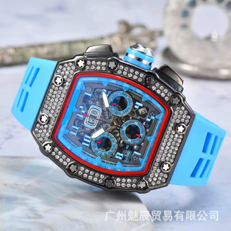 Factory Wholesale New Color Surface Multi-Functional Barrel-Shaped Hollow Ghost Head Fashion Diamond-Encrusted Quartz Watch Men's Watch Women's Watch