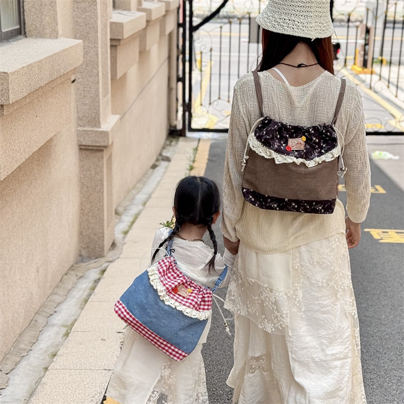 甜美森系可爱波点亲子双肩包抽绳蕾丝宝宝斜挎包大容量格子儿童包|undefined