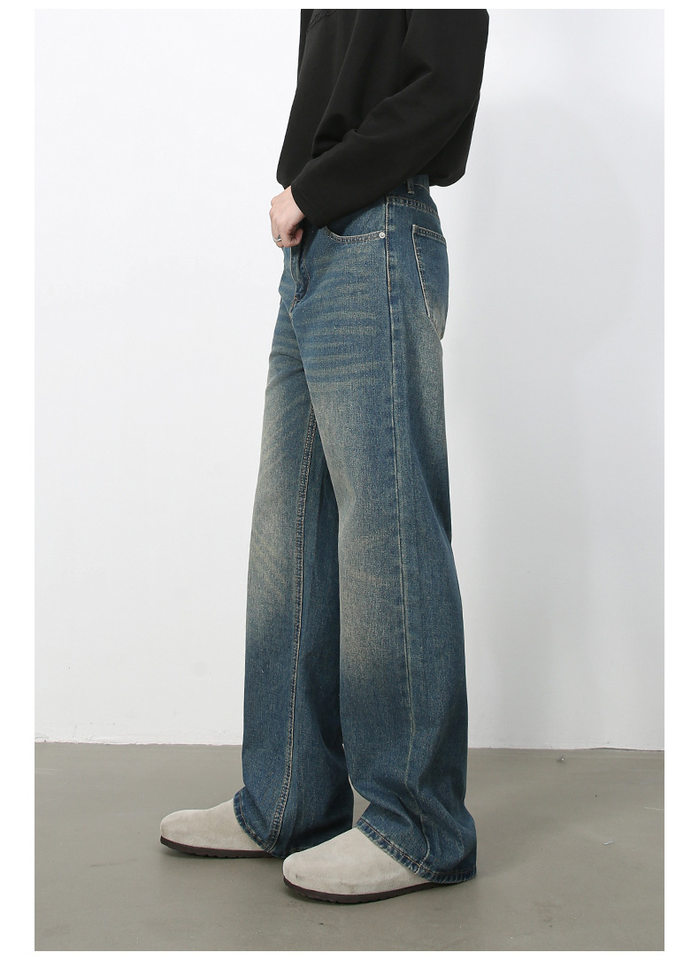 Quần jean nam ống rộng suông thẳng phong cách Mỹ, denim wash đơn giản — màu xanh, màu xanh nhạt chi tiết 9