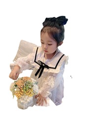 女童2023春秋新款女寶寶蕾絲花邊公主裙中小童翻領網紗長袖連衣裙