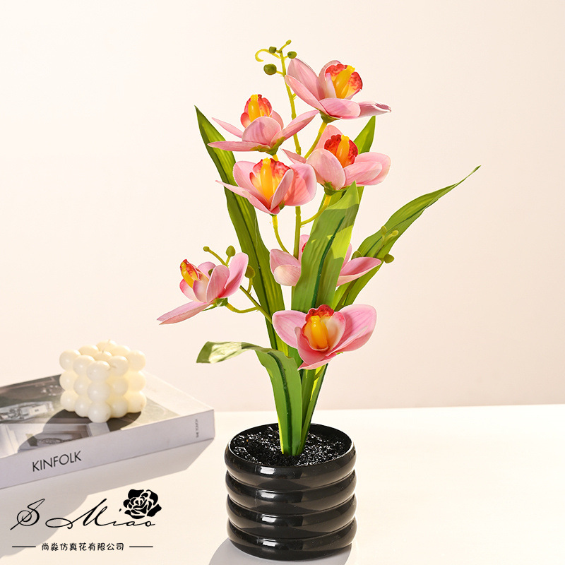 Planta en Maceta de Orquídea Cymbidium Artificial de 7 Cabezas de Seda para Oficina y Sala de Estar