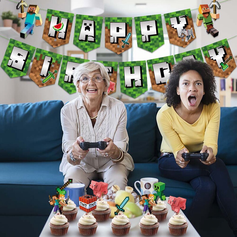 マインクラフト 誕生日パーティー デコレーションセット ピクセルバトル ハッピーバースデー フラッグ ケーキ デザート デコレーション|undefined