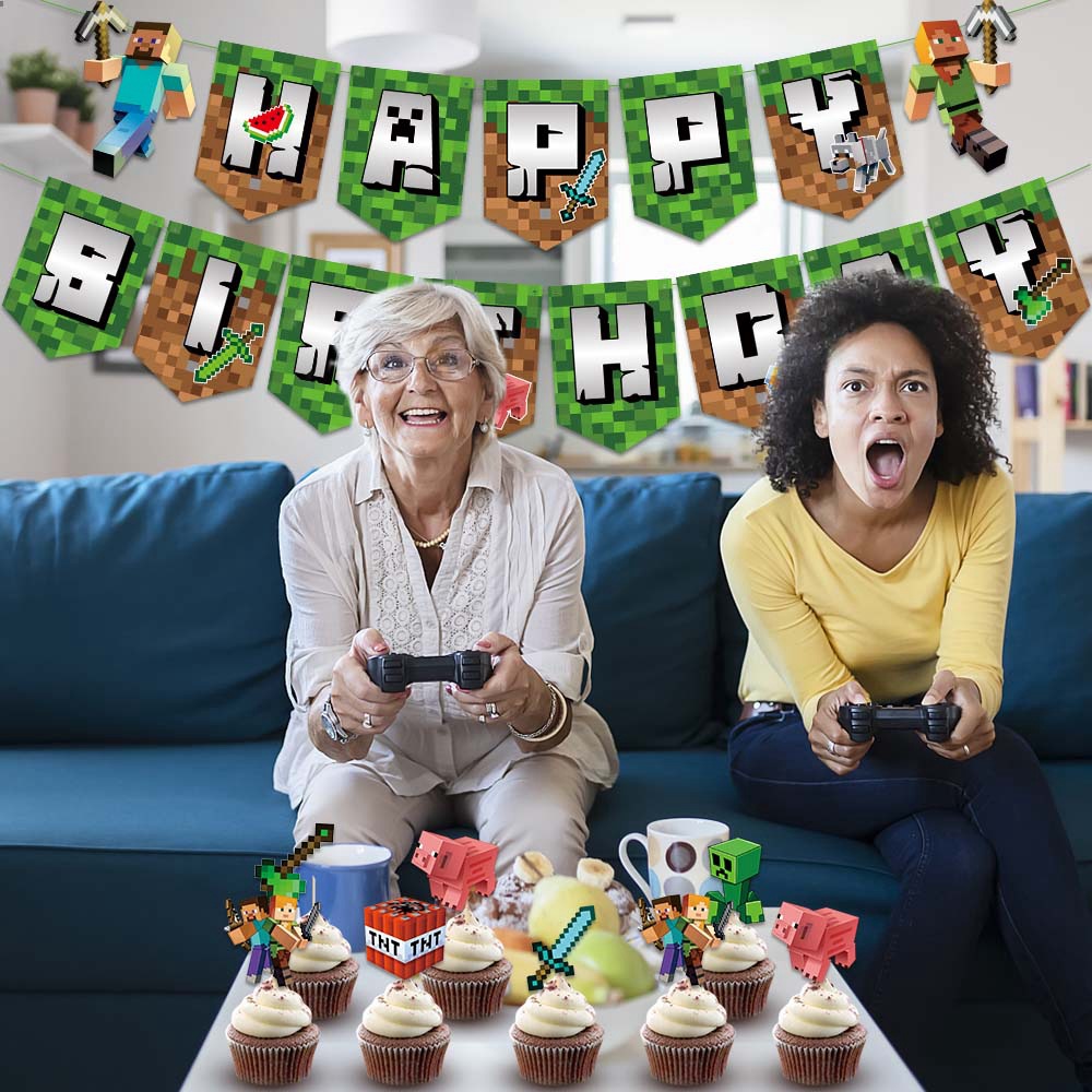 Set de Decoración para Fiesta de Cumpleaños de Minecraft, Banner de Feliz Cumpleaños de Pixel Wars, Decoración para Pastel y Postres