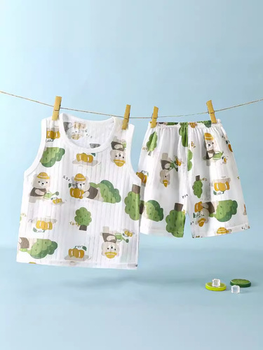 Children's summer jacquard cotton vest and shorts set new style sleeveless cartoon breathable children's clothing trend