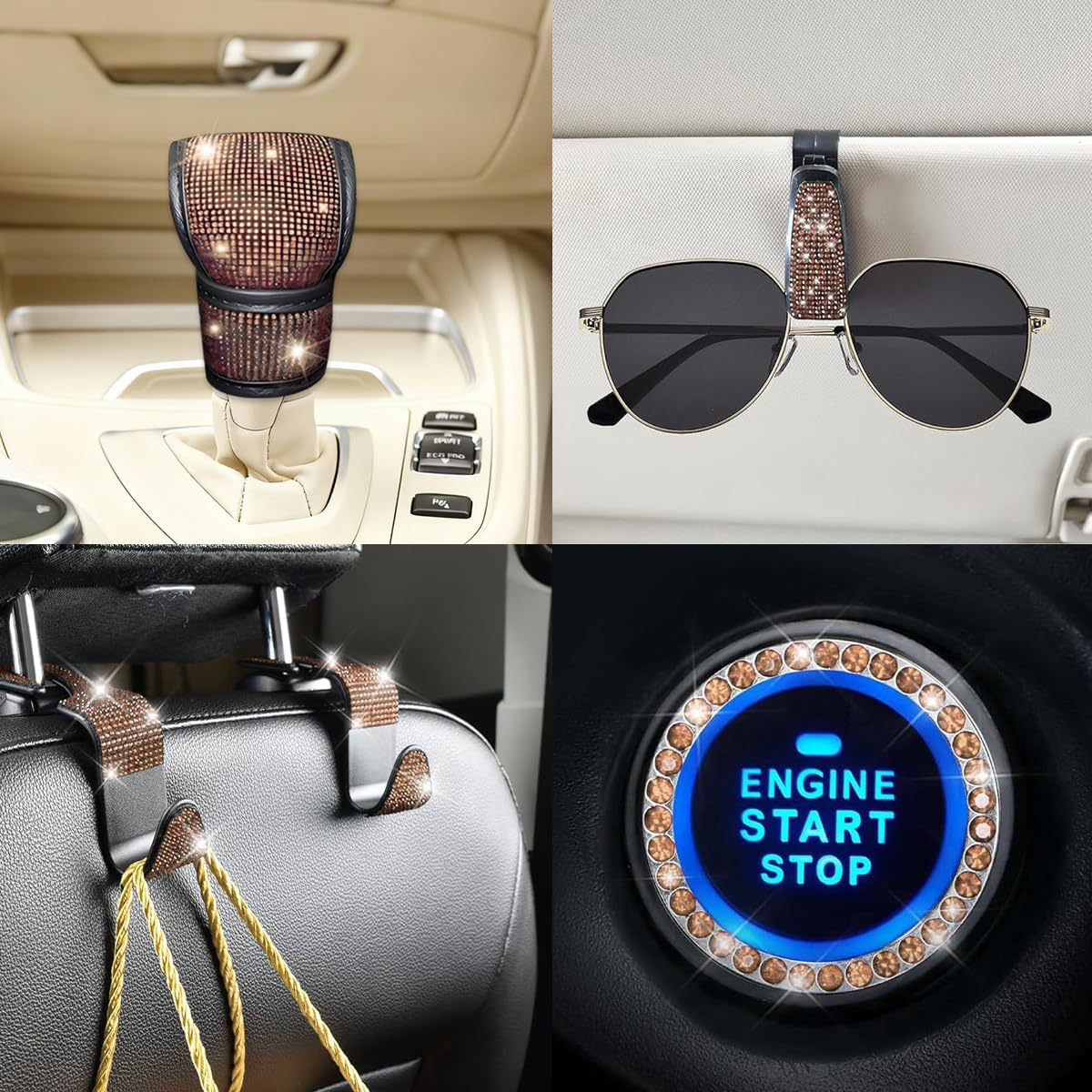 11-Piece Car Interior Set with Diamond-Encrusted Steering Wheel Cover, Car Hook, Glasses Holder, One-Touch Start Ring