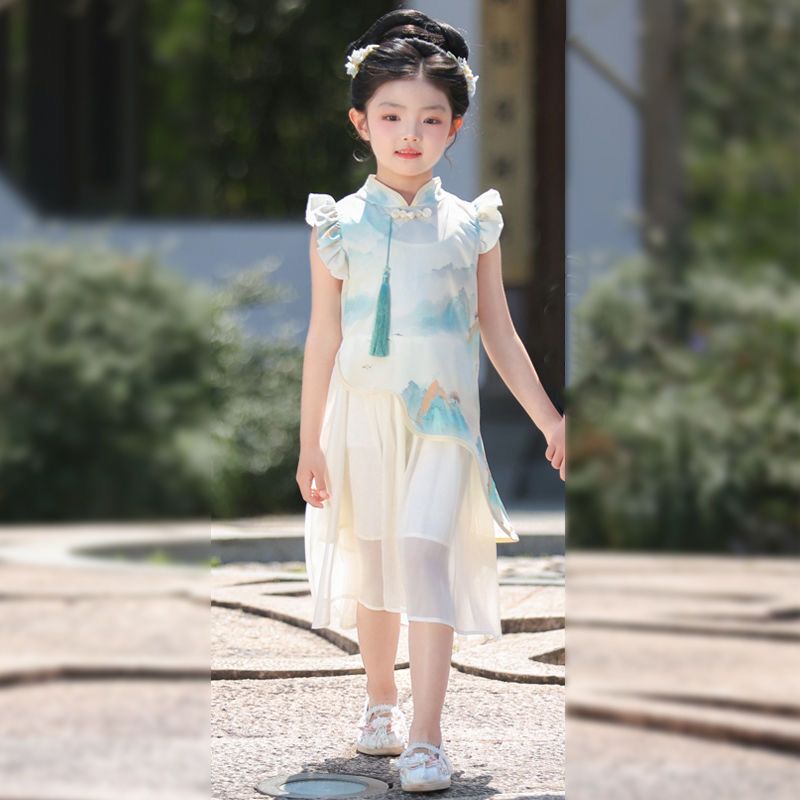 男の子と女の子のための子供用漢服、新しい中国風の漢服半袖スーツ、夏の新しい中国風の唐スーツ、中国学のパフォーマンススーツ|undefined