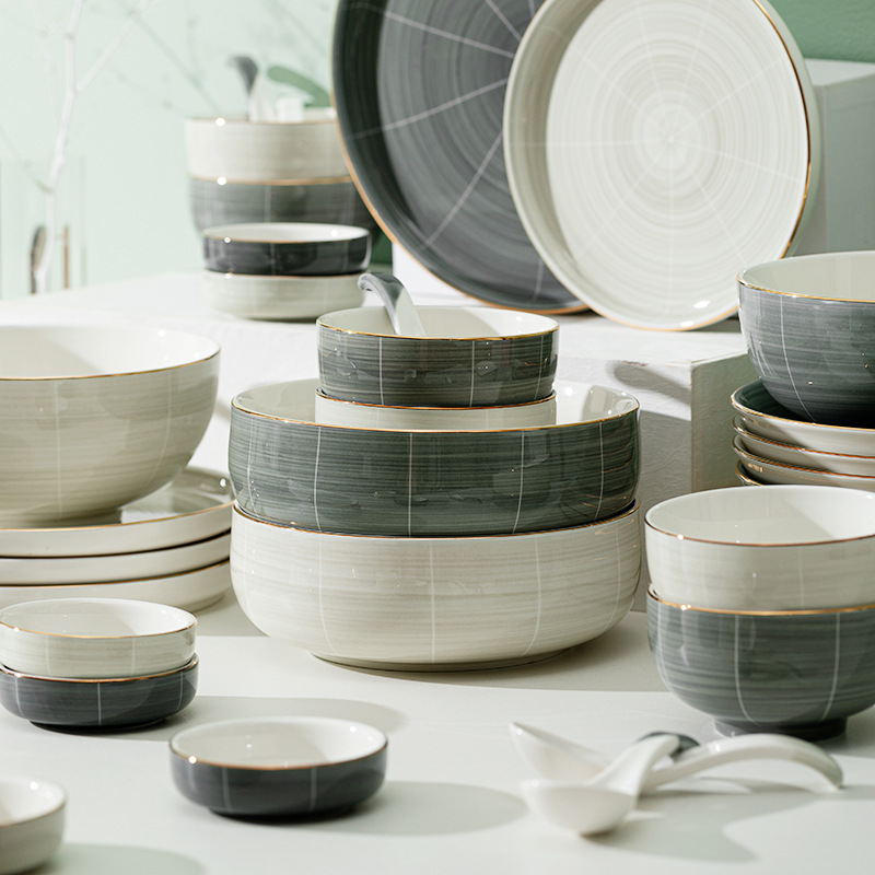 Shanensang tinta Nordic tazón y plato vajilla traje hogar plato de cerámica tazón de sopa y palillos plato de luz caja de regalo de estilo de lujo