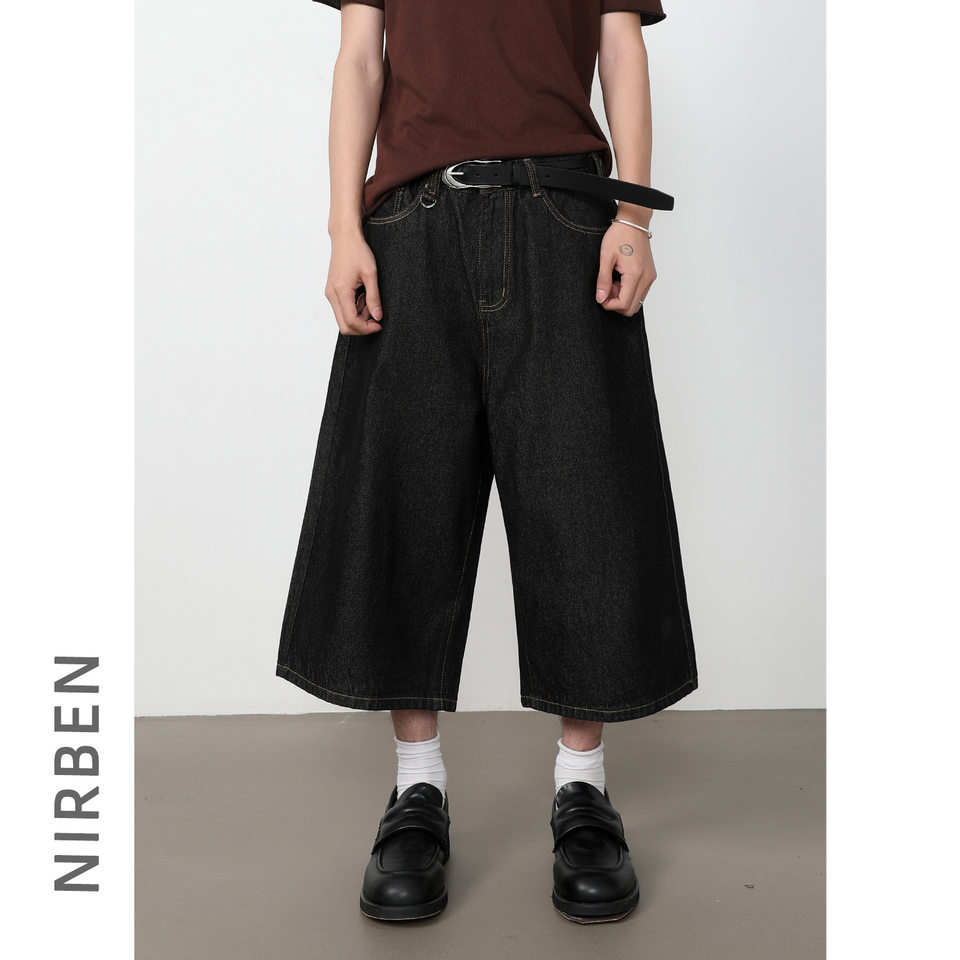 Quần short denim nam dáng rộng ống suông — Da bò thô màu đen, Xanh denim thô, Xanh đậm, Đen xám