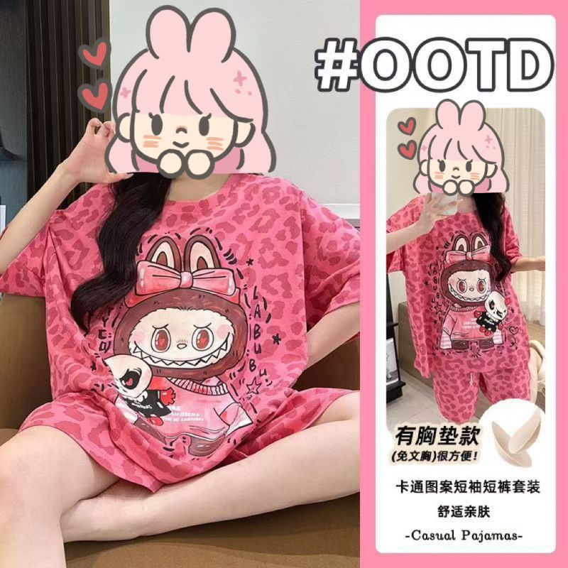 Douyin ライブブロードキャスト人気のクラウドコットンパジャマ女性用半袖ショーツ胸パッド付きルーズカレッジスタイルホームウェア女性用スーツ|undefined