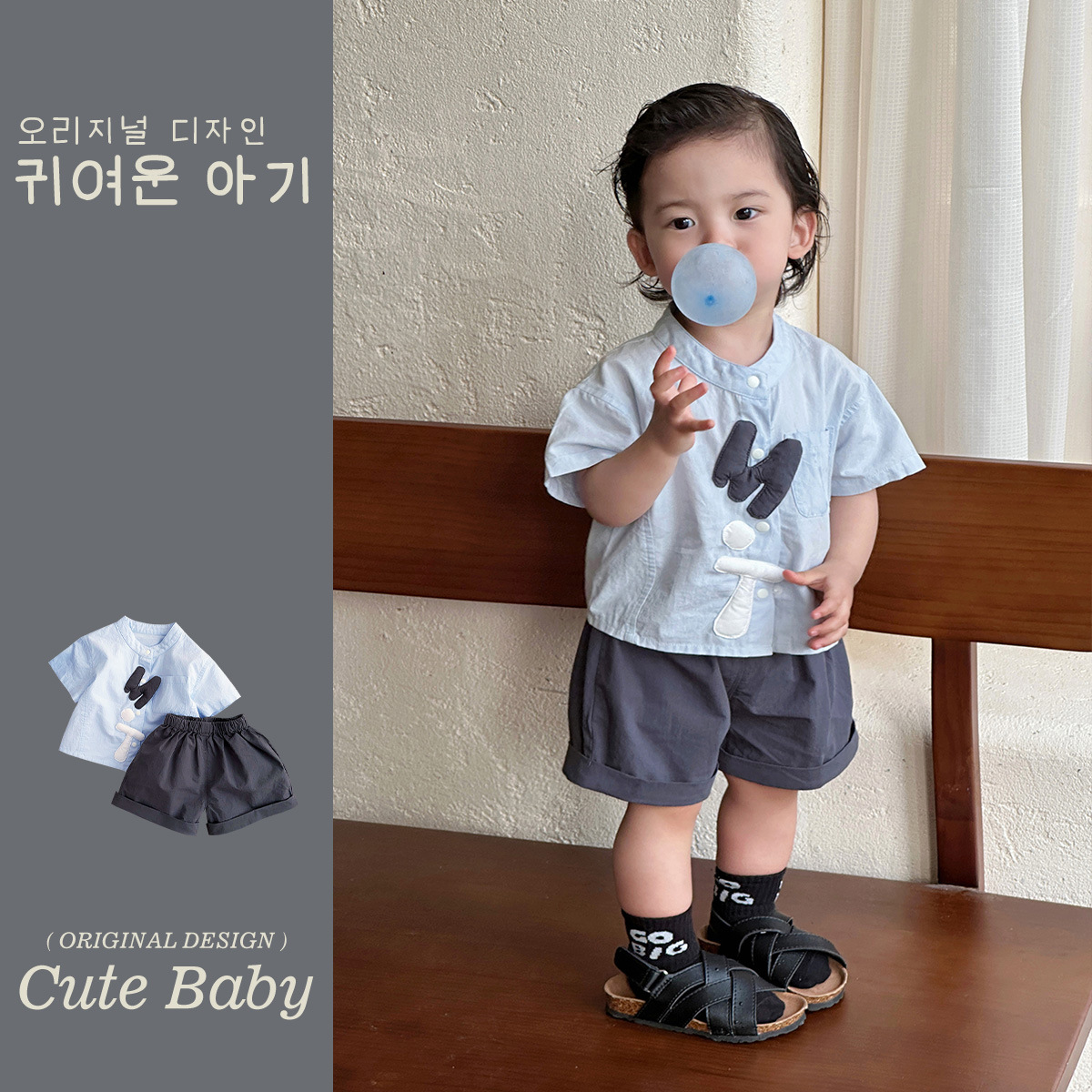 2025 verano nuevo estilo coreano bebé estilo occidental traje de niño de un solo pecho a clase de pantalones cortos ligeros de algodón de dos piezas