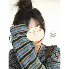 官图特价长袖t恤打底衫女薄款2025秋季新款美式条纹宽松圆领上衣