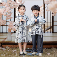 兒童漢服表演服春女童中國風超仙水墨古裝旗袍男童復古唐裝兩件套