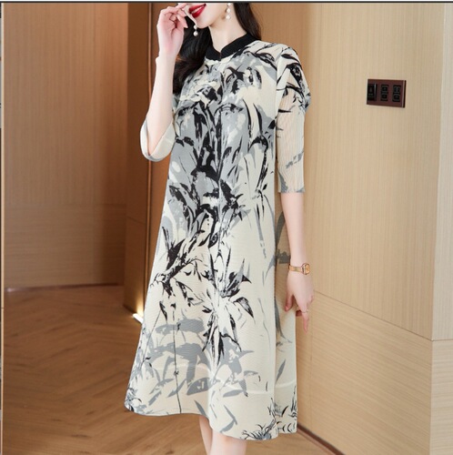Spring Fashion Style Dress, Trendy Long Sleeve 2026 New Spring Retro Print Shake Shake Pleated Dress
