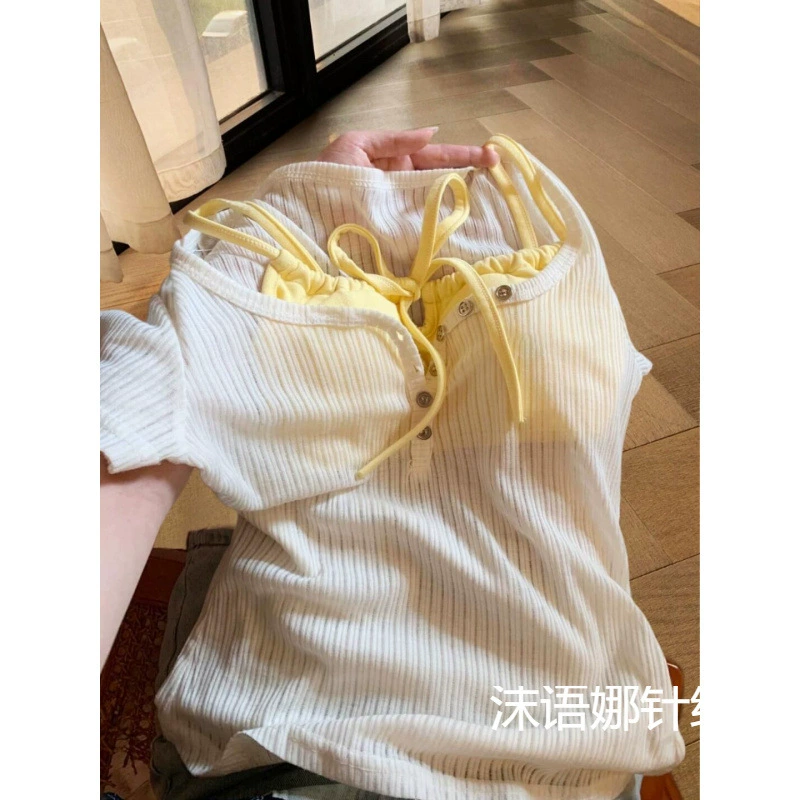 Корейская дизайнерская нишевая шикарная и слегка прозрачная сексуальная трикотажная женская летняя с желтой сексуальной подтяжкой