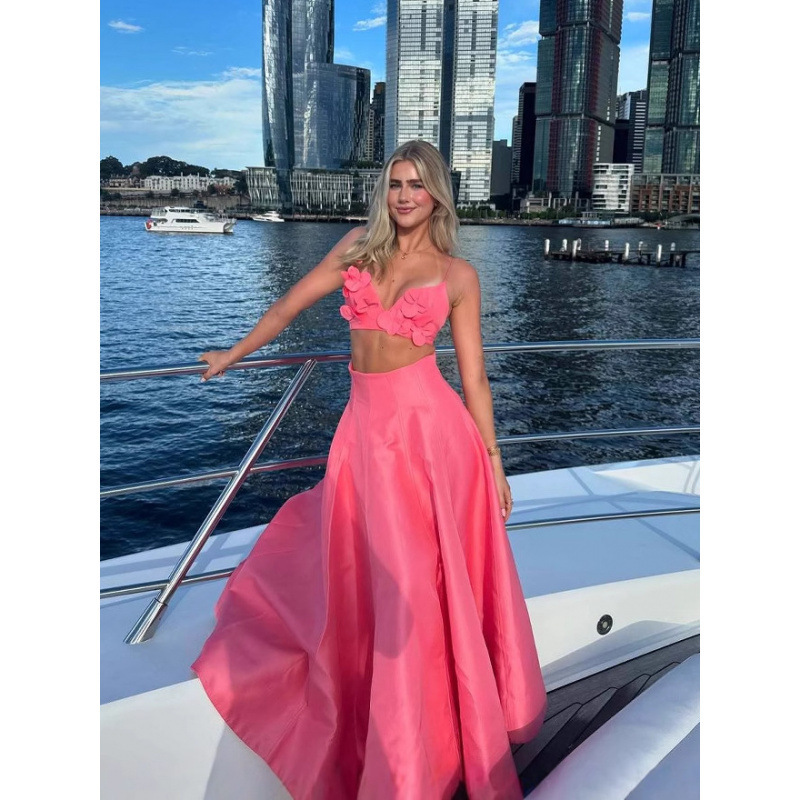 2025 Spring and Summer New Long Dress Tube Top suit Three-dimensional Flowers Pink Beach Vacation Women's Wear European and American Cross-border Explosions