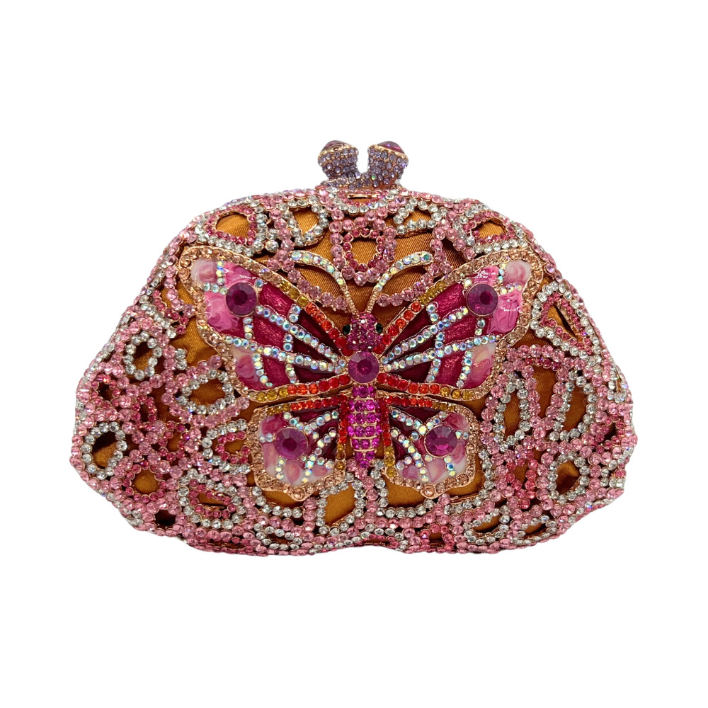 Túi clutch nữ cầm tay đính pha lê hình bướm thủ công dự tiệc — Màu hồng vàng kim, Màu tím hồng, Màu hồng, Màu bạc