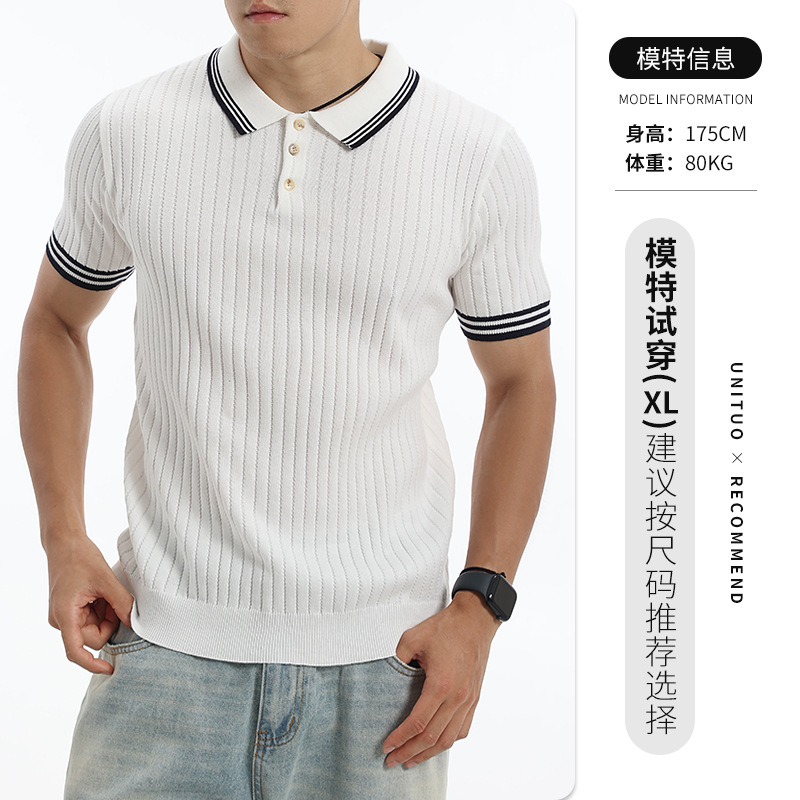 Verano Europa y América transfronterizos hombre collar de contraste vertical rayas de hielo polo camisa transpirable de mangas cortas de negocios ropa casual para hombres