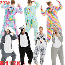 秋冬法兰绒卡通动物连体睡衣天马星星彩虹梅花鹿加厚可外穿家居