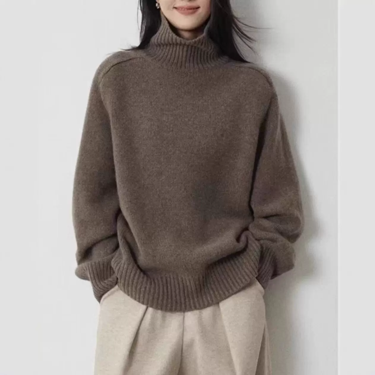秋冬新款欧货高领羊毛衫女加厚宽松慵懒风毛衣纯色大码针织打底衫