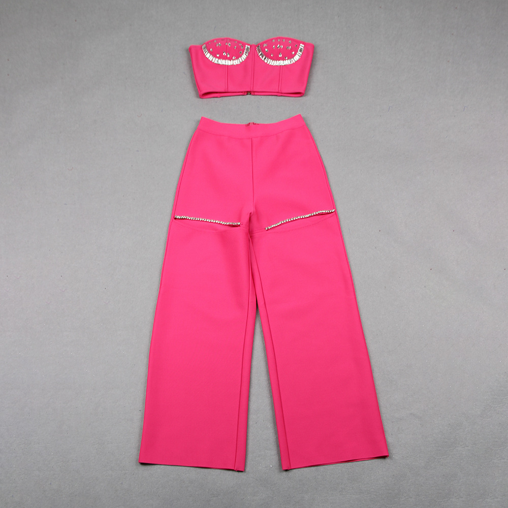 Autumn Summer Women Clothes Sexy Rhinestone Hollow Out Cutout Sheath Bandage Trousers Two Piece Set