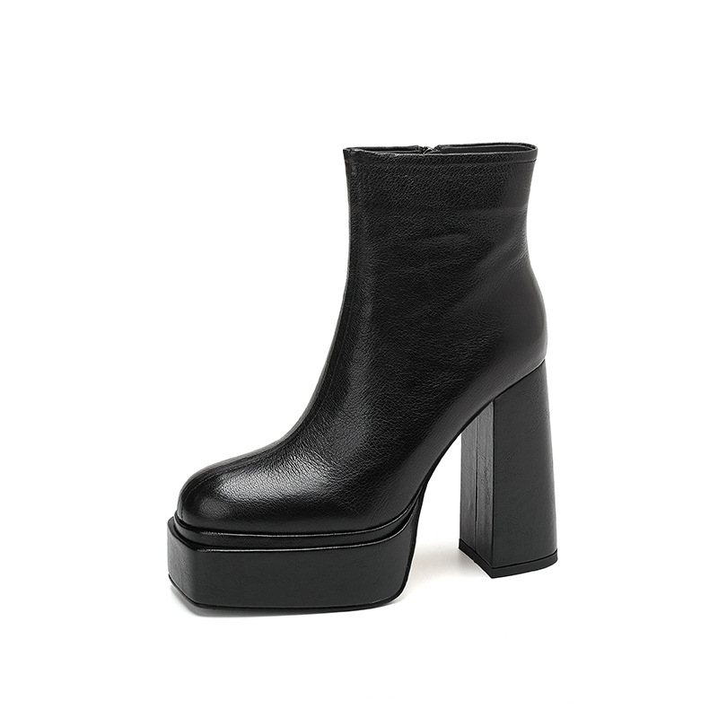 Boot nữ cổ cao ôm chân da dê mềm gót vuông đế xuồng 12.5 cm — Lớp lót nhung đen