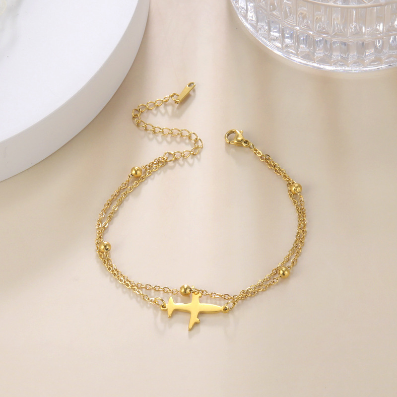 Cut Titanium Steel Bracelet Cross Chain Beaded Chain Double Chain with Aircraft Pendant Simple 304 Stainless Steel Bracelet