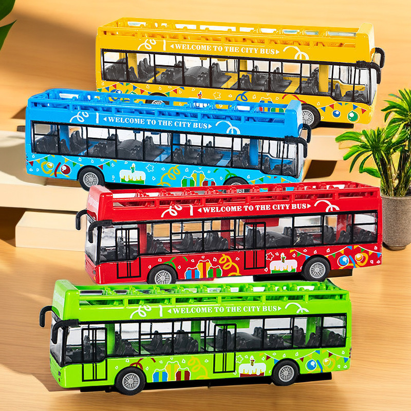 巴士玩具车公交车模型敞篷巴士合金车儿童合金玩具车金属回力车