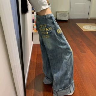 美式假两件叠穿涂鸦印花牛仔裤男女款cleanfit宽松慵懒阔腿拖地裤