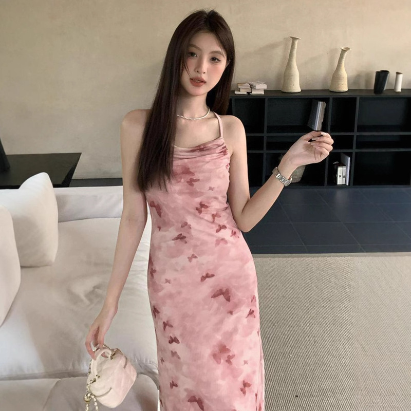 French Style Ruffled Butterfly Printed Mesh Sling dress Women's Summer Pure Tea Break Waist Hot Girl Mom Dress