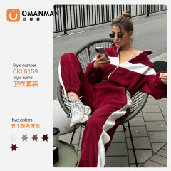 欧曼曼欧米秋冬新作ポーラーフリース無地ラペルジッパー長袖ツーピースファッションパンツスーツ女性用
